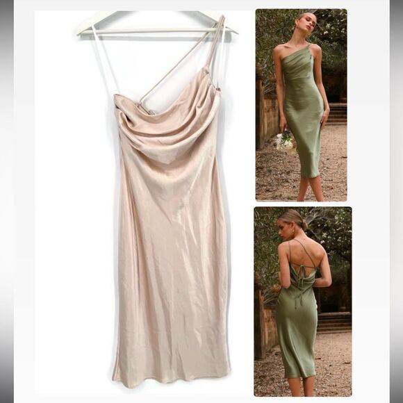 Billy J Josephina Dress Cowl One Shoulder Spaghetti Strap Champagne Slip Size 8 - Picture 9 of 9